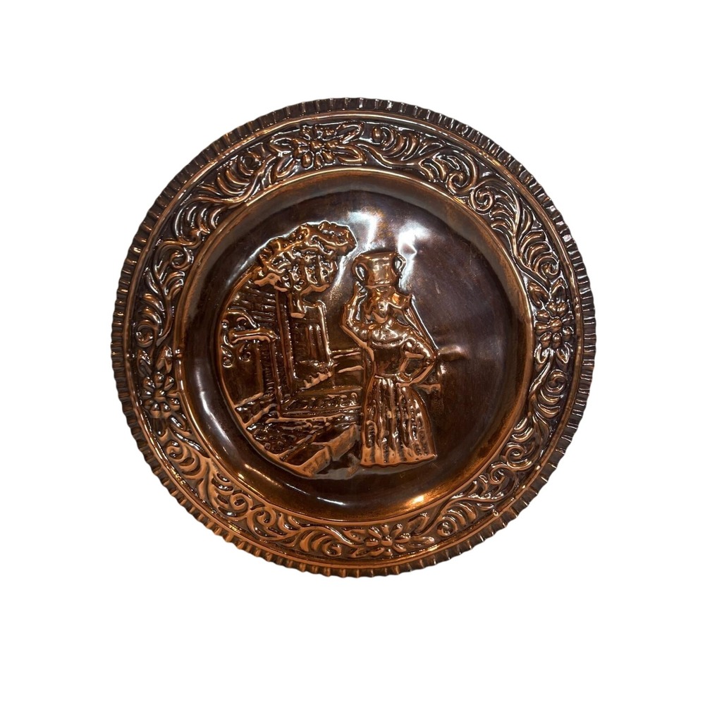 Wall Hanging Plate Copper Round 9.5" Embossed Woman Scene Floral Border Rustic